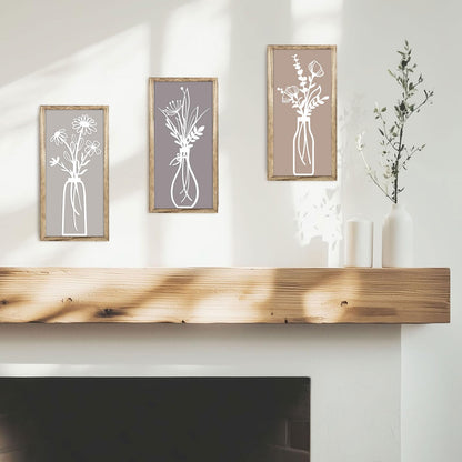 Pigort 3 Pieces Wooden Framed Floral Wall Arts - Farmhouse Flower Wall Art Natural Themed Home Wall Decors for Living Room Bedroom Dining Room Office 7.8x15.7 Inch (Retro)