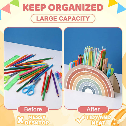 Poola Voidra Back to School Boho Rainbow Pen Holder, 11.5" x 4.8" Desk Wooden Inspirational Positive Affirmations for Office Supplies Classroom Art Supply Makeup Brush Storage for Kids Present