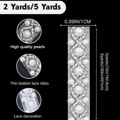 Bijou Joon 5 Yards White Pearl Trim Beaded Trim Beaded Lace Ribbon Edge Border Fabric Bridal DIY for Craft Wedding Dress Embellishments Women Vake Decoration