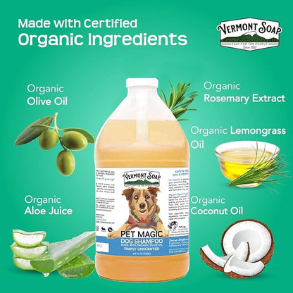 VERMONT SOAP Organics Pet Shampoo - Infused with Organic & Natural Olive Oil, Coconut & Aloe Vera Dog Shampoo for Sensitive Skin - USDA Certified Grooming, Unscented (64oz)