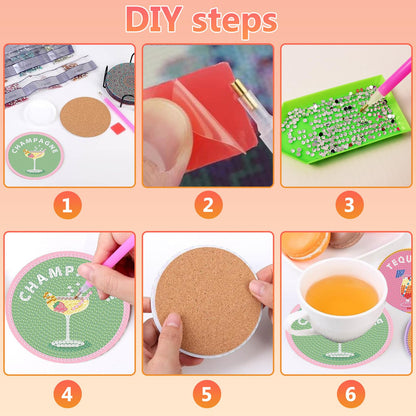 8 Pcs Cocktail Diamond Art Coasters Kit for Adults, Cocktail Diamond Painting Coasters with Holder, 5D Gem Art DIY Crafts Diamond Dots for Gift Life
