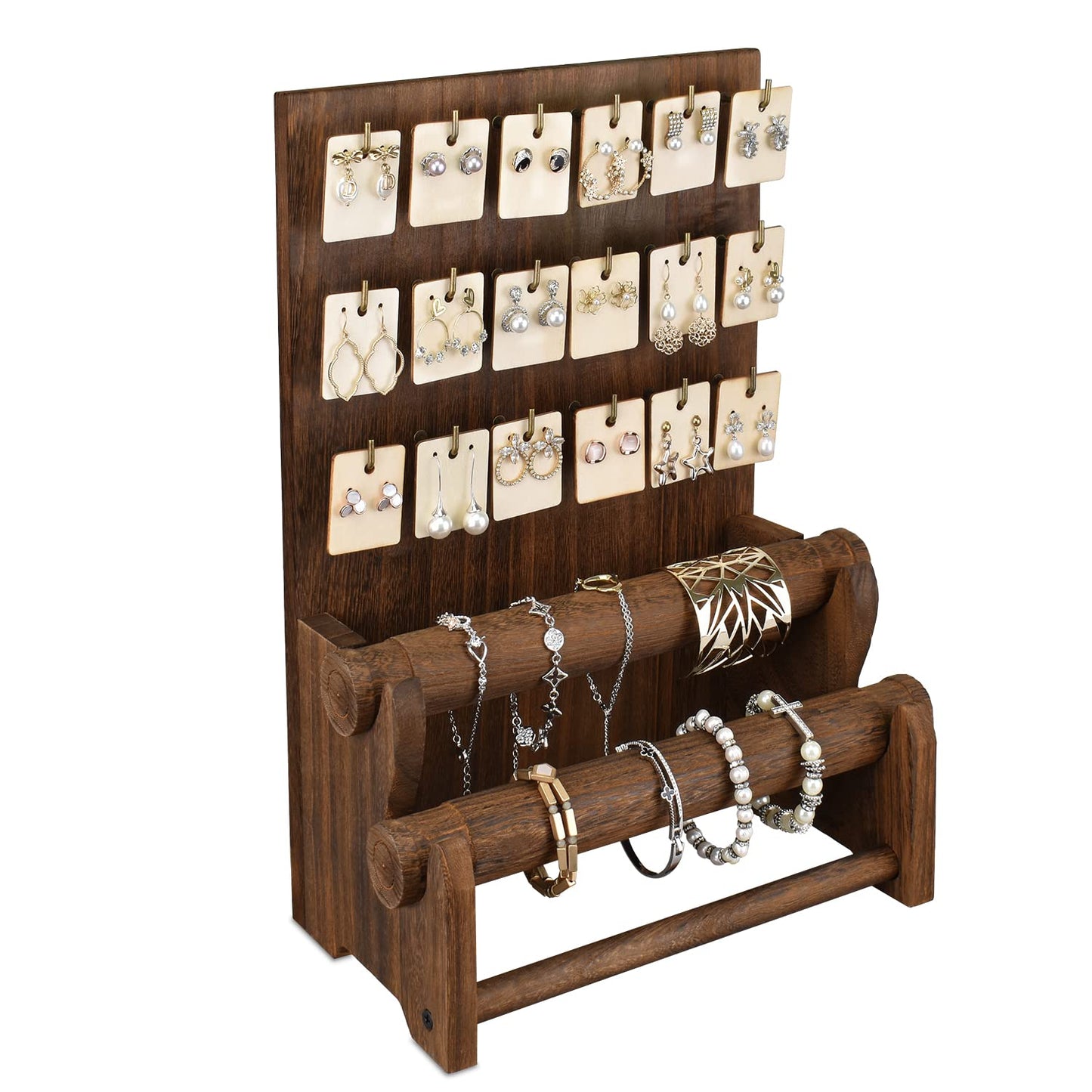 Ikee Design 18 Hooks and 2 Removable Bars Wood Jewelry Holder Organizer Stand, Earring Bracelet Jewelry Display Stand Organizer, Necklace Bracelet Holder, Brown Color
