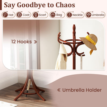 GOFLAME 73" Coat Rack Freestanding, Wooden Coat Tree with 12 Hooks and Umbrella Stand, Entryway Hall Tree, Hat Hanger Organizer, Coat Rack Stand for Coats, Hats, Scarves, Easy Assembly, Reddish Brown