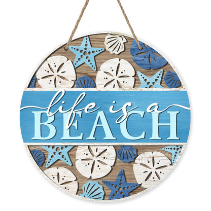 Bolisom Summer Life is a Beach Blue Front Door Sign, Coastal Starfish Shell Wood Hanger Outdoor Outside Beach House Porch Home Decor, Farmhouse Wooden Wreath Indoor Wall Hanging Decoration