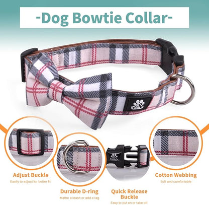 IVY&LANE Dog Collar with Bowtie and Leash Set | Plaid Adjustable Dog Collar | Detachable Bow Tie |5 FT Dog Leash | for Small Medium Large Dogs | Checkered Beige | Large