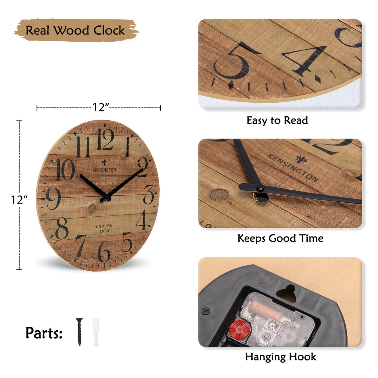NIKKY HOME Rustic Farmhouse Wood Wall Clock - 12 Inch Battery Operated Silent Non Ticking Distressed Wooden Shiplap Clock for Kitchen, Living Room, Bedroom, Bathroom