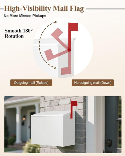Wall-Mount Mailbox for Outside, Large Capacity Rust-Proof Mail Box with Stay-Open Lid & Red Flag Kit, Galvanized Steel Weather-Resistant Post Box for House Outside, 10.5"x4.3"x14.2", White
