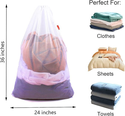 2 Pack Mesh Laundry Bags, 24 x 36 Inches Heavy Duty Drawstring Bag, Travel and