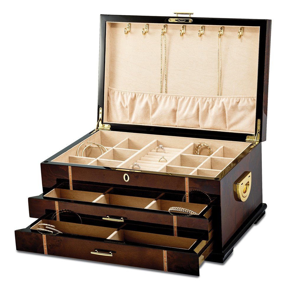 High Gloss Rustic Burlwood w/Walnut Inlay 2-Drawer Jewelry Chest