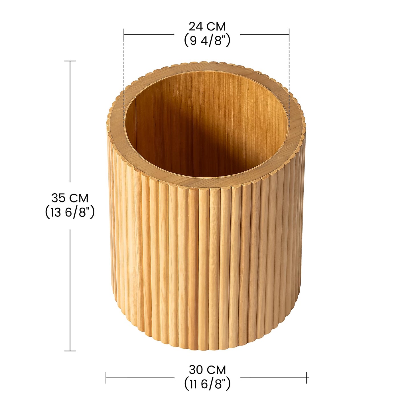 SHYFOY Fluted Wooden Round Indoor Outdoor Planters, Cylinder Decorative Floor Vase Flower Plant Pots for Living Room Dining Bedroom Home Corner