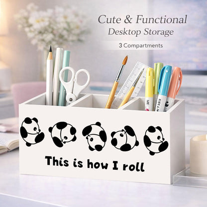 GGED Wooden Desk Organizer with Panda Design, 3 Compartment Pen Pencil Holder, Decorative Office Supply Storage Box for Home, Office, Desk Table, Gift for Friends and Coworkers