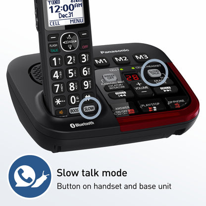 Panasonic 1 Handset Amplified Cordless Phone with Slow Talk, 40dB Volume Boost, 100dB Lound Visual Ringer, Hearing Aid Compatibility, Large Screen and Backlit Keypad, Link2Cell - KX-TGM430B (Black)