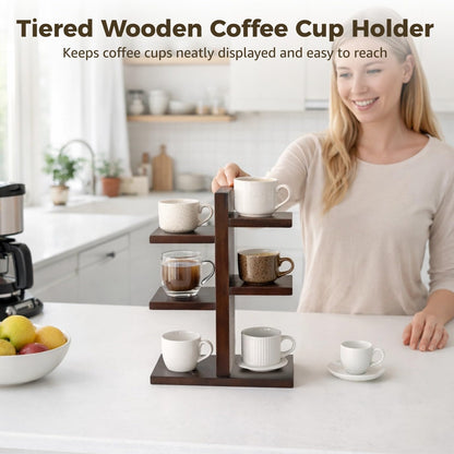 OMISTAR 3 Tiered Wooden Coffee Cup Holder, Kitchen Counter 6 Mug Wood Coffee Mug Organizer Stand with Non-Slip Foam Pads, Vertical Cup Storage Rack for Coffee Bar Countertop