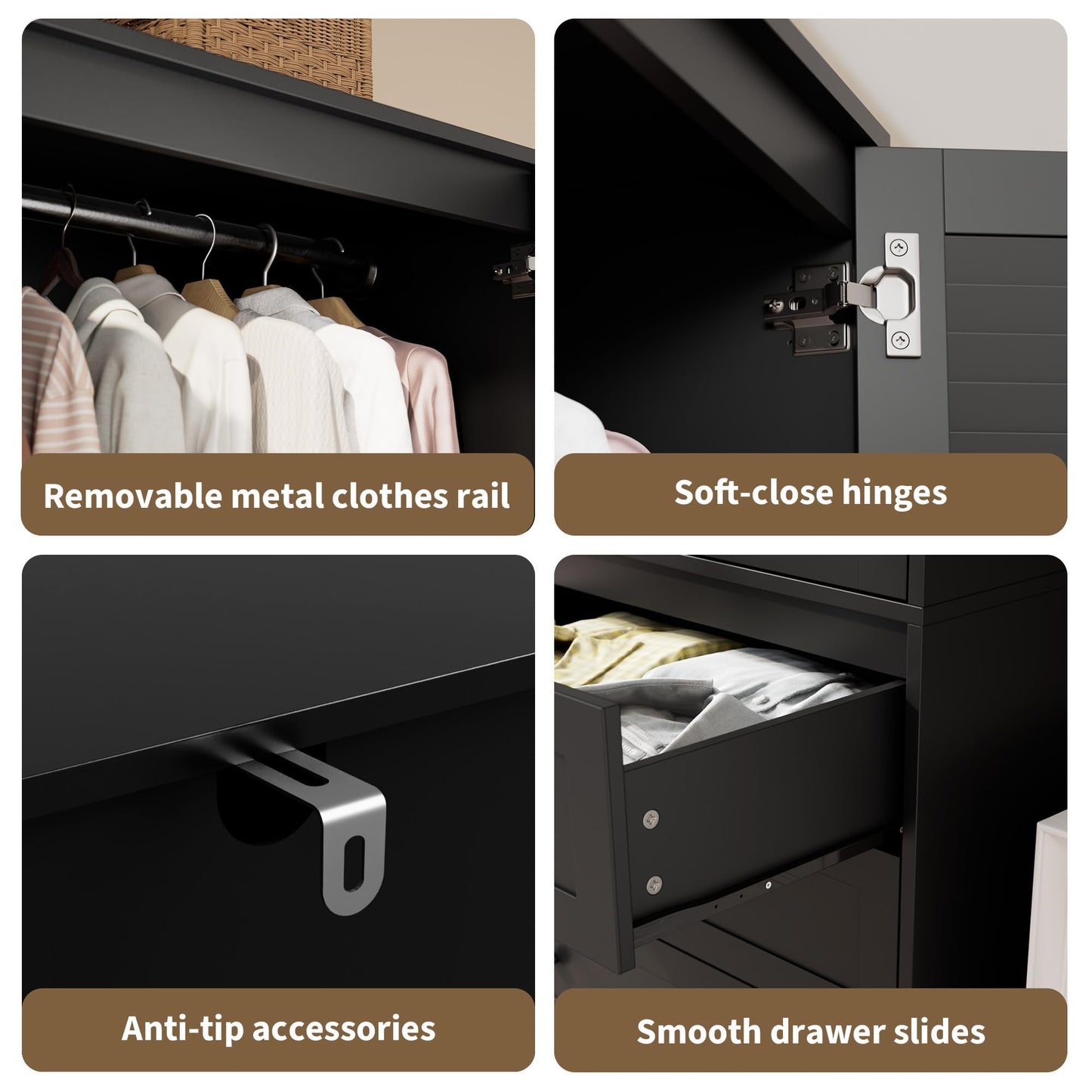 Garvee 70" Wardrobe Armoire Wooden Closet with 2 Doors and 3 Drawers, Bedroom Armoire with Hanging Rod Shelf, Large Capacity Storage Wardrobe Armoire, Freestanding Wooden Closet Storage Cabinet