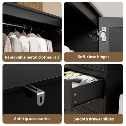 Garvee 70" Wardrobe Armoire Wooden Closet with 2 Doors and 3 Drawers, Bedroom Armoire with Hanging Rod Shelf, Large Capacity Storage Wardrobe Armoire, Freestanding Wooden Closet Storage Cabinet