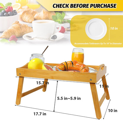 MorTime Bed Tray Table with Folding Legs, Bamboo Breakfast Tray with Handles for Bed, Sofa, Eating, Working, Foldable Laptop Desk Food Snack Tray Serving Tray