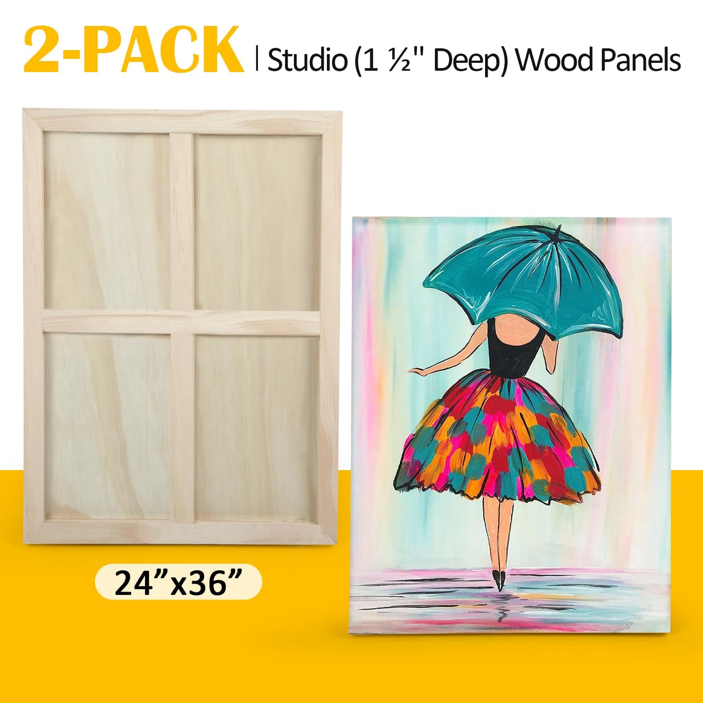 Falling in Art 2 Pack Unfinished Wooden Canvas Panels, 24x36 Gallery Birch Wood Panels Kit, 1 1/2" Deep Art Cradle Boards for Acrylic Painting, Pouring and Burning