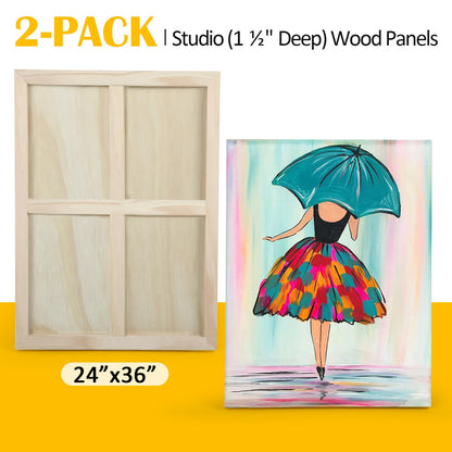 Falling in Art 2 Pack Unfinished Wooden Canvas Panels, 24x36 Gallery Birch Wood Panels Kit, 1 1/2" Deep Art Cradle Boards for Acrylic Painting, Pouring and Burning