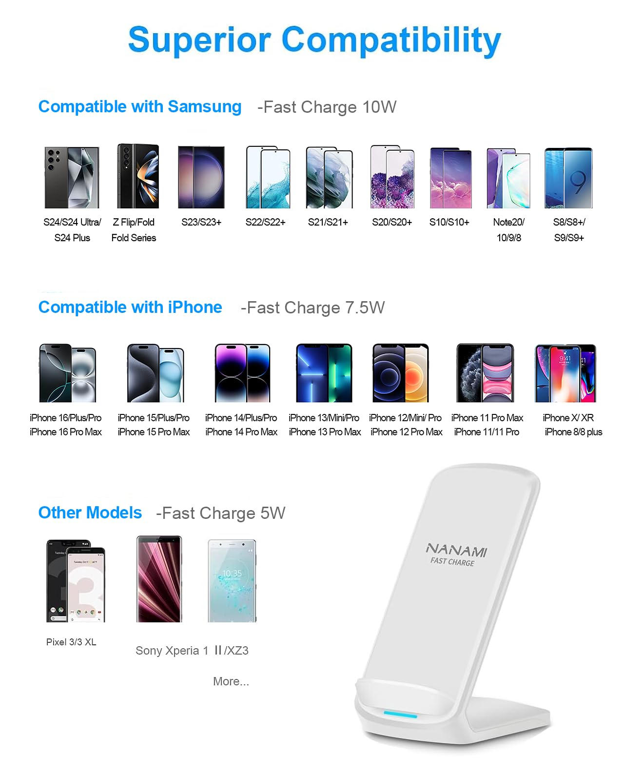 NANAMI Upgraded Fast Wireless Charger, Qi-Certified Wireless Charging Stand Compatible with Samsung Galaxy S25/S24/S23/S22/S21/S20 & Qi Phone Charger for iPhone 17/17 Air/16/16 Plus/16 Pro/15/14/13