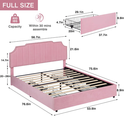 VECELO Full Velvet Upholstered Platform Bed Frame with 4 Rollers Storage Drawers,Full Size Bed with Tufted Height Adjustable Headboard,Wooden Slats/No Box Spring Needed/Easy Assembly