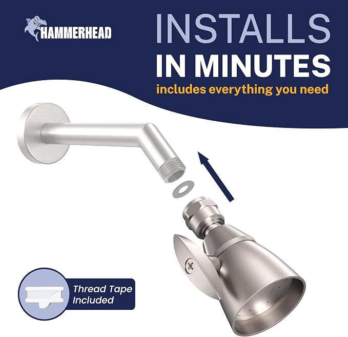 HammerHead Showers® Solid Metal 2 Inch High Pressure Shower Heads - BRUSHED NICKEL – 2.5 GPM Shower Heads High Pressure - High Flow Shower Head with ADJUSTABLE SPRAY PATTERN - Fixed Shower Head