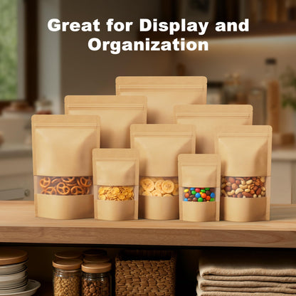 FireKylin 100 Pcs Resealable Bags, Inner Size 6.4" x 7.3" (Outer Size 7.1" x 10.2") Stand Up Paper Bags with Matte Window, Zipper Food Storage Bags for Packaging Products, Reusable, Sealable