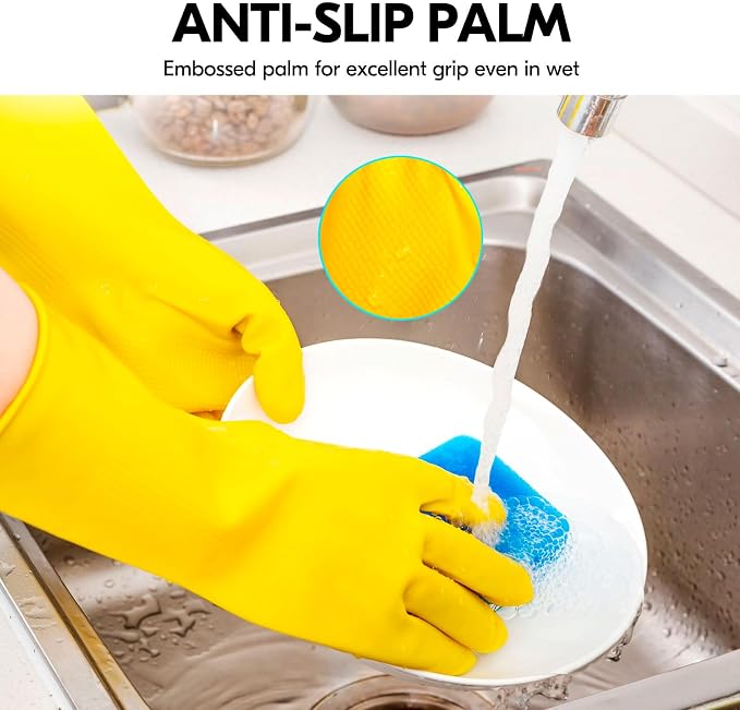 Vgo... 10-Pairs Reusable Household Gloves, Rubber Dishwashing gloves, Extra Thickness, Long Sleeves, Kitchen Cleaning, Working, Painting, Gardening, Pet Care (Size L, Yellow, HH4601)