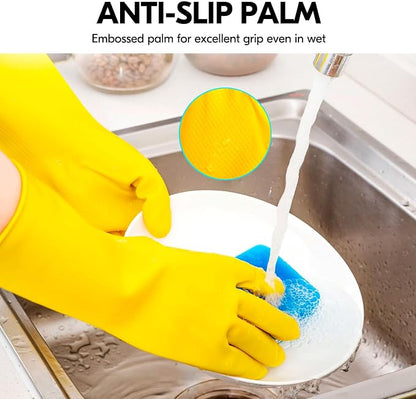 Vgo... 1-Pair Reusable Household Gloves, Rubber Dishwashing gloves, Extra Thickness, Long Sleeves, Kitchen Cleaning, Working, Painting, Gardening, Pet Care (Size S, Yellow, HH4601)