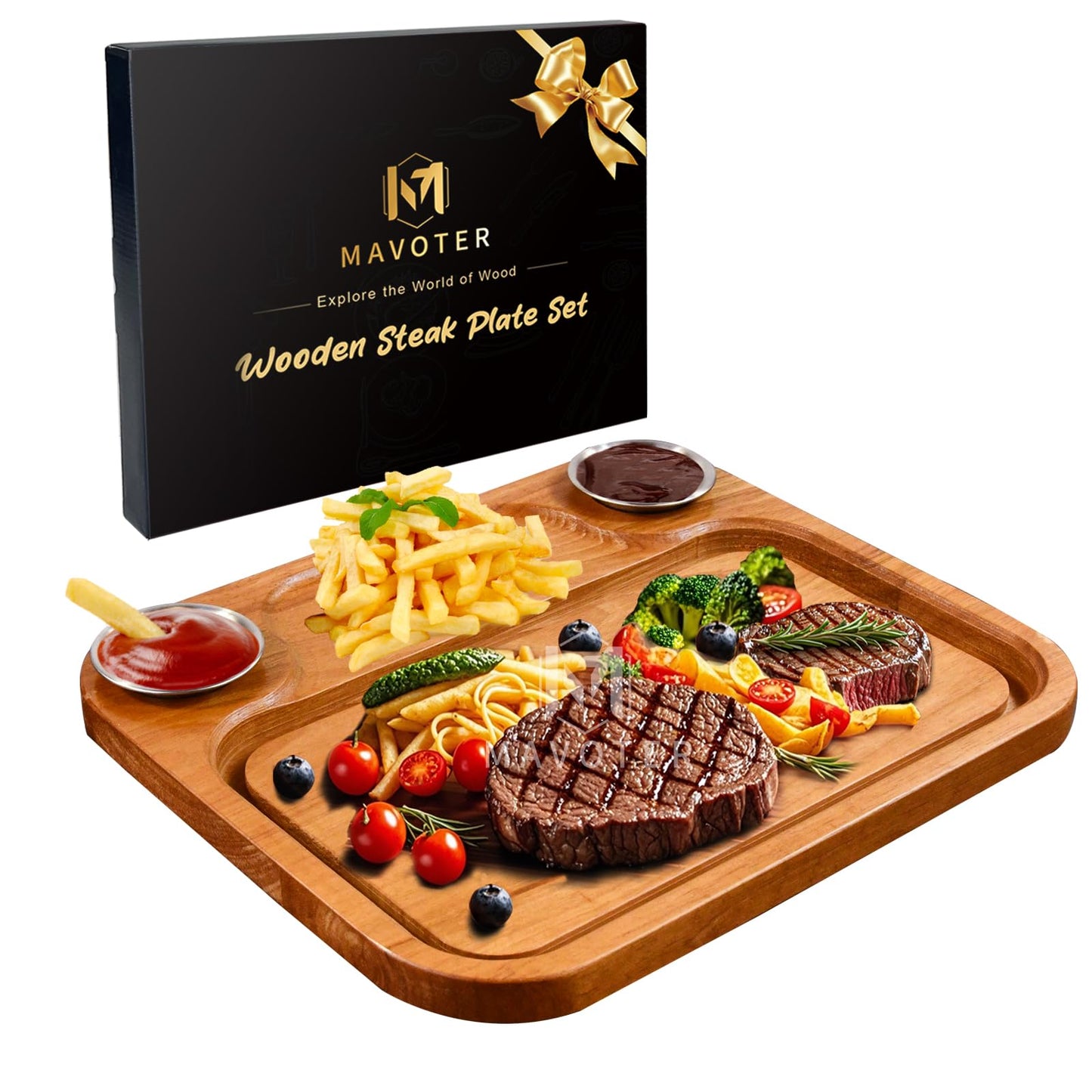 MAVOTER Wooden Steak Plates include 2 Sauce Cups, Wood Steak Board Set Serving Tray for Food Meat Cutting Board with Juice Groove, Charcuterie Board Platter for Home