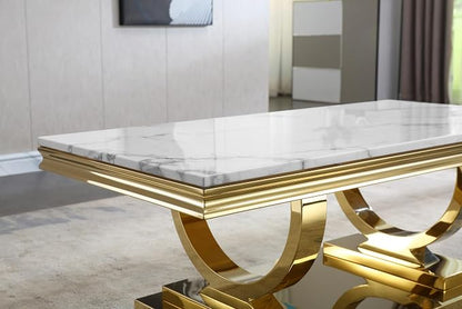 2 Piece Living Room Table Set Include 1 Faux Marble Coffee Table & 1 Console Table, Modern White Gold Coffee Table Set of 2 with Double O Shape Stainless Steel Pedestal Base