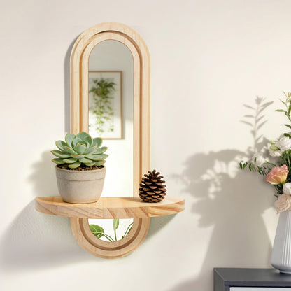 WUTAOBON Wooden Wall Floating Shelves, 2PC Boho Arched Wall Shelf,Decorative Mounted Display Shelf with Acrylic Frameless Mirror, Nature Wood Shelves for Home Holding Planter Decoration