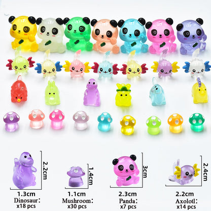 HOMICO 69 PCS Luminous Mini Resin Animals Kit Include Miniature Axolotl Panda Dinosaur Figurines and Tiny Mushroom Tiny Resin Animals for Garden Micro Landscape Aquarium Dollhouse Decor