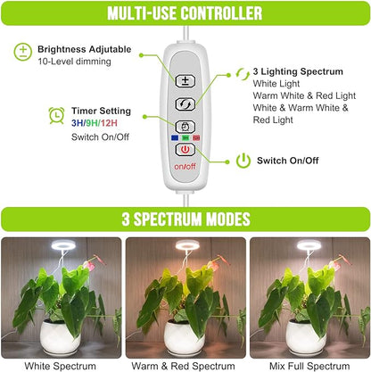 Kullsinss Grow Lights for Indoor Plants, Full Spectrum Halo Growing lamp with Detachable Base, Height Adjustable, 3 Colors, 10 Dimming, Automatic Timer, Plant Light for Succulents Small Plants
