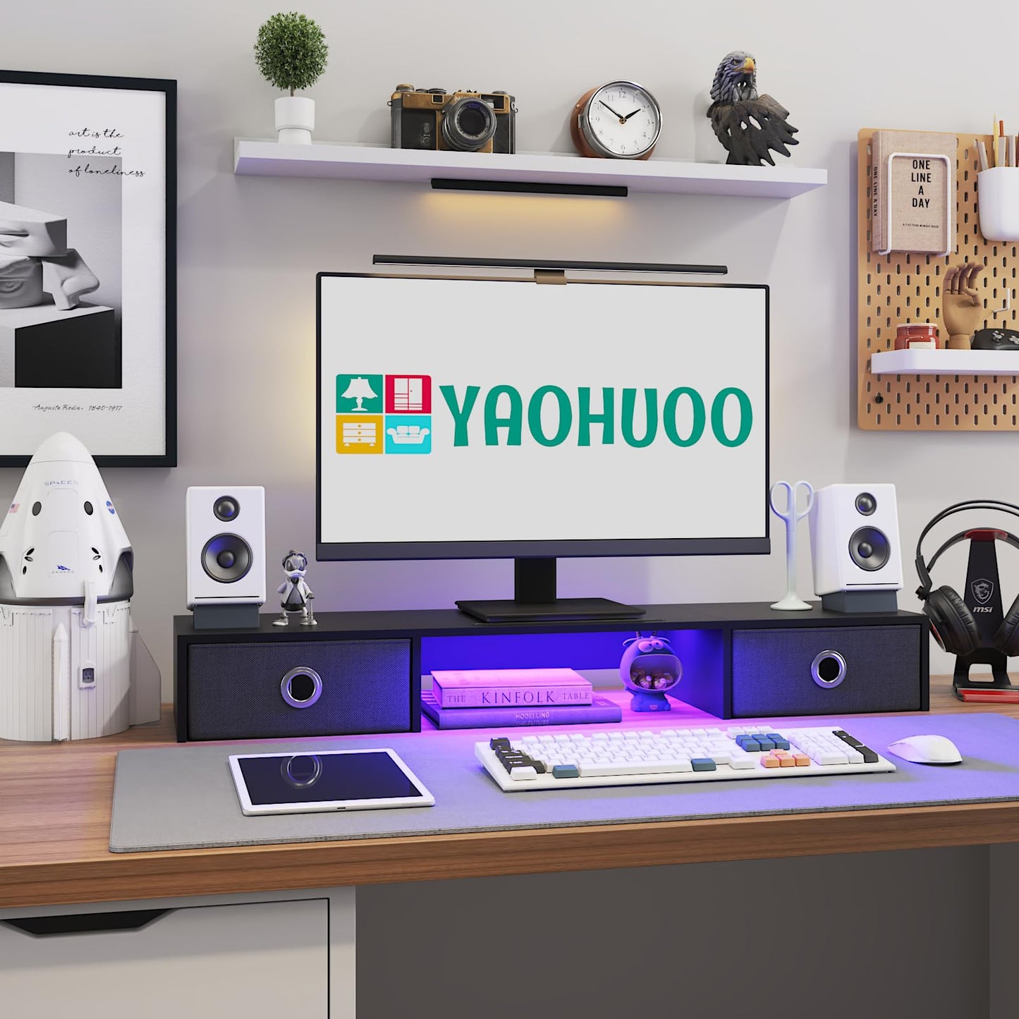YAOHUOO Dual Monitor Stand with LED Light 2 Drawers, Computer Monitor Riser for 2 Monitors, Large Desktop Organzier with Storage for PC/Laptop/Computer/TV Screen/Printer