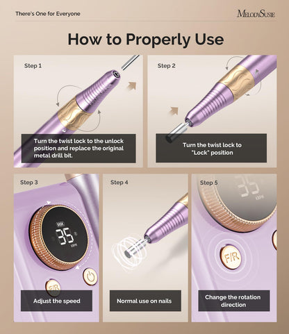MelodySusie 2 in 1 Professional Nail Drill, 30000 RPM SC330G Electric Nail File with Kickstand for Gel Nails Polishing Removing, Portable Cordless Nail Efile for Manicure Pedicure at Home & Salon,Gold