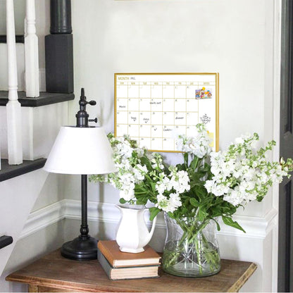 Marribol Golden Monthly Dry Erase Calendar Whiteboard for wall-16"X12" Portable Aluminum Frame,Magnetic Calendar White Board,Wall Planner Dry Erase Board for Office, Kitchen, School, Home-GG