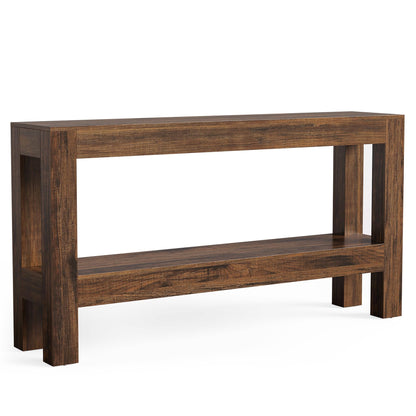 LITTLE TREE 63-Inch Wood Entryway Table, Long Farmhouse Narrow Console Table for Living Room, Hallway, Sofa, Entry, Entrance, Foyer, Behind Couch with 2-Tier Shelves, Brown
