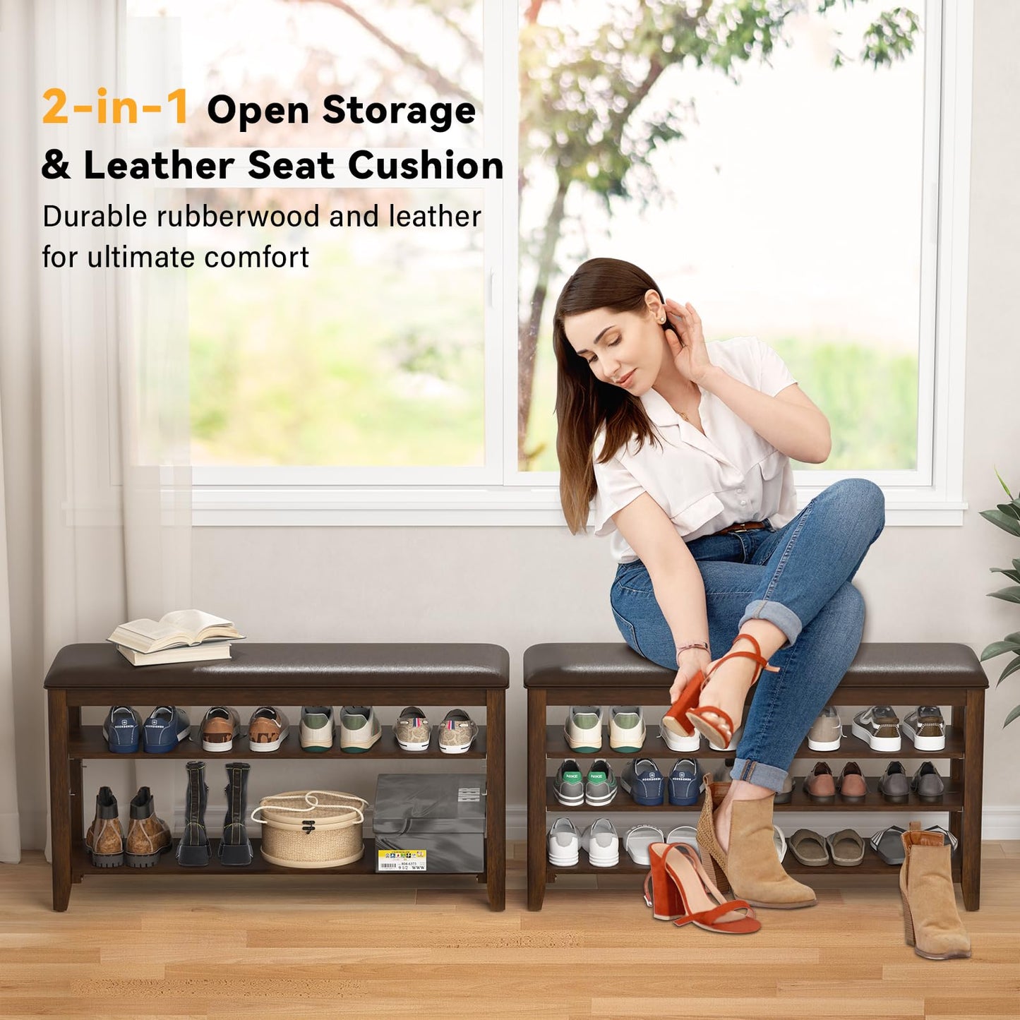Taitiy Entryway Shoe Storage Bench with Leather Cushion + Solid Wood Clothes Rack with 2 Shelves