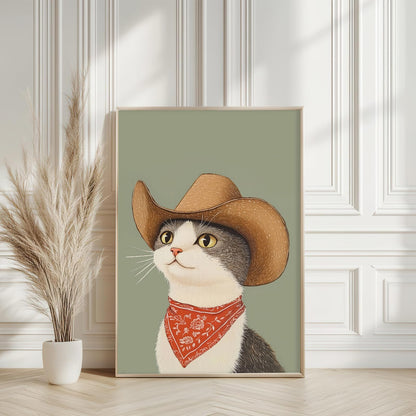 Nursery Poster Cute Animal Picture Funny Animal Wall Art Vintage Cowboy Cat Wall Art 16x24Inch Unframed Whimsical Cowboy Cat Pet Portrait Poster for BedRoom Living Room Boy Girl Kid Children's Bedroom