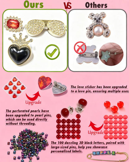 MINGRI Junk Socks Charms Kit Red Black,195 Pcs Shoes Charm for Sneakers,Brooches and Pin for Women with Letter,Safety Hat Pin for Women Gift Rhinestone Junk Charm with Pearl Chain