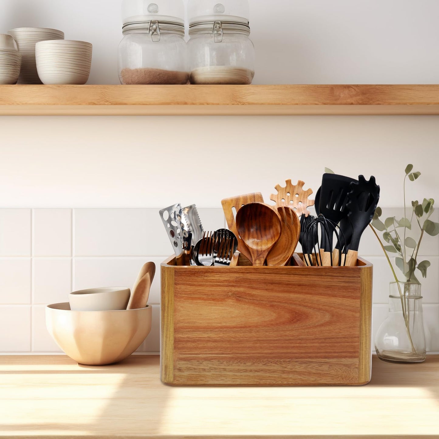 Wooden Kitchen Utensil Holder Organizer for Counter or Countertop, Large Wooden Utensil Holder for Storage Cooking and Silverware with 4 Compartment, Acacia Rustic Wood Container Extra Large