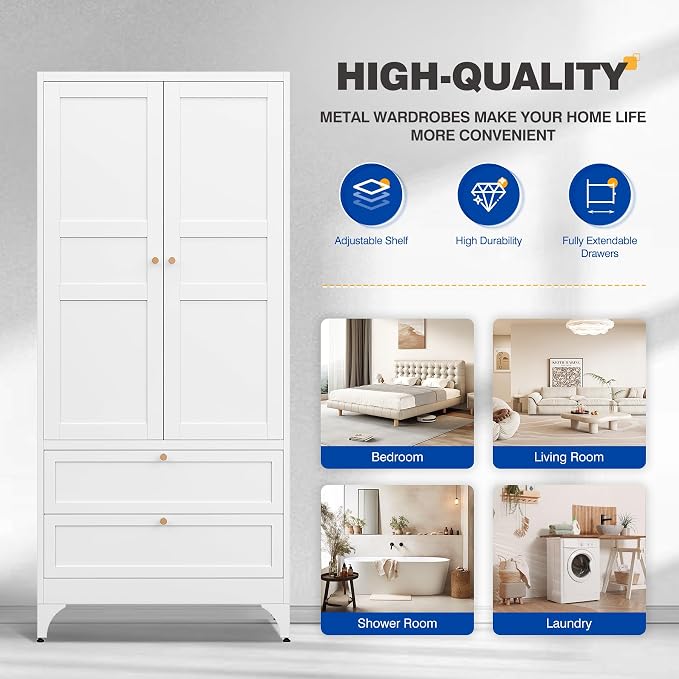 BYNSOE Metal Armoire Wardrobe Closet with 2 Drawers 72'' Wardrobe Cabinet with Drawers and Hanging Rail Metal Closet with Adjustable Shelves for Bedroom. (White, with 2 Drawers)