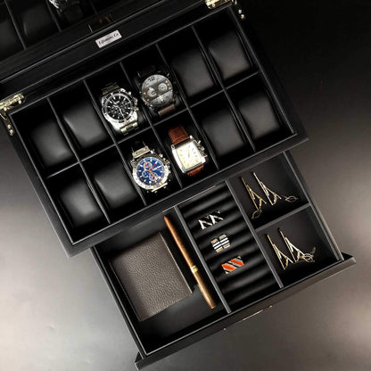 Lifomenz Co Watch Box for Men 12 Slot Wooden Watch Organizer - Premium Walnut Watch Display Case Storage with Valet Drawer, Real Glass Window & Luxury Leather Interior