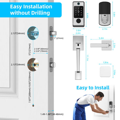 WiFi Front Door Lock Set with Handle, Featuring Fingerprint Keyless Entry, Smart Keypad with Lever Handles, Electronic Screen + WiFi Gateway, App Control, Auto-Lock, and Voice Control-Silver