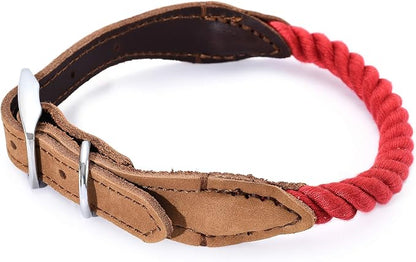 Mile High Life Genuine Leather Dog Collar, Durable Braided Cotton Rope Collar with Metal Pin Buckle for Small Medium Large Dogs (Red, L Neck 17"-21")