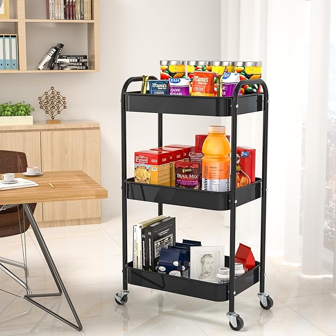 3-Tier Rolling Cart, Metal Utility Storage Carts with Wheels, Black | Multi-Functional Organizer Snack Cart Easy Assembly