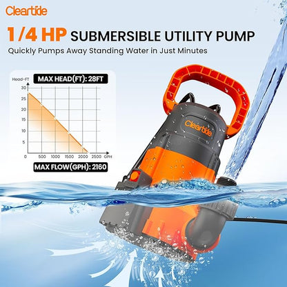Cleartide 1/4 HP Submersible Utility Pump, 2160 GPH High Flow, Thermoplastic Portable Sump Pump with Auto Water Sensor, Ideal for Pool, Flooded Basement, Hot Tub, Pond & Garden Draining,10 FT Cord