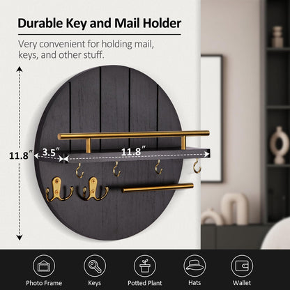 Nekon Wall Mount Key Holder, 11.8 Inch Rack With Shelf and 6 Hooks, Rustic Mail Organizer, Circular Wooden Hanger for Entryway Hallway Kitchen (Black&Gold)