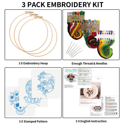 Nuberlic 3 Pack Halloween Skull Embroidery Kit for Adults Beginner Cross Stitch Kits for Starters with Skull Patterns Include 3 Hoop Cloth Thread Needles and Instructions
