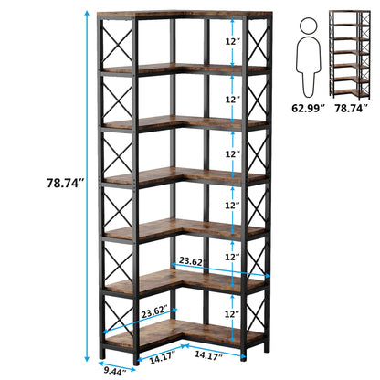 Tribesigns 7-Shelf Corner Bookshelf,Large Modern Corner Bookcase, 7-Tier Tall Corner Shelf Storage Display Rack with Metal Frame for Living Room Home Office (Rustic Brown)